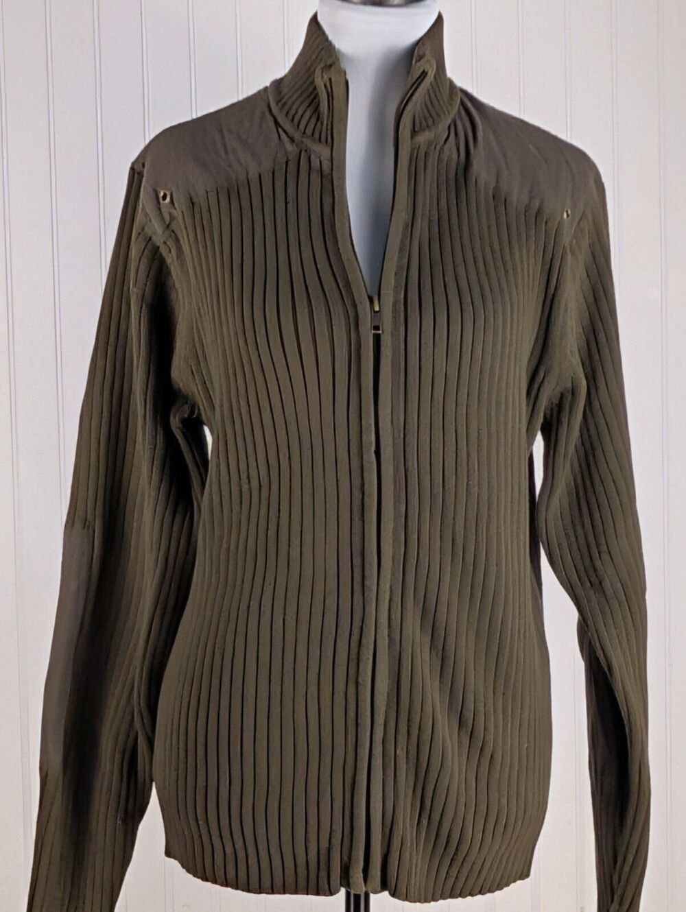 Vintage Hampshire Olive Green Full-Zip Commando Sweater Ribbed Knit L